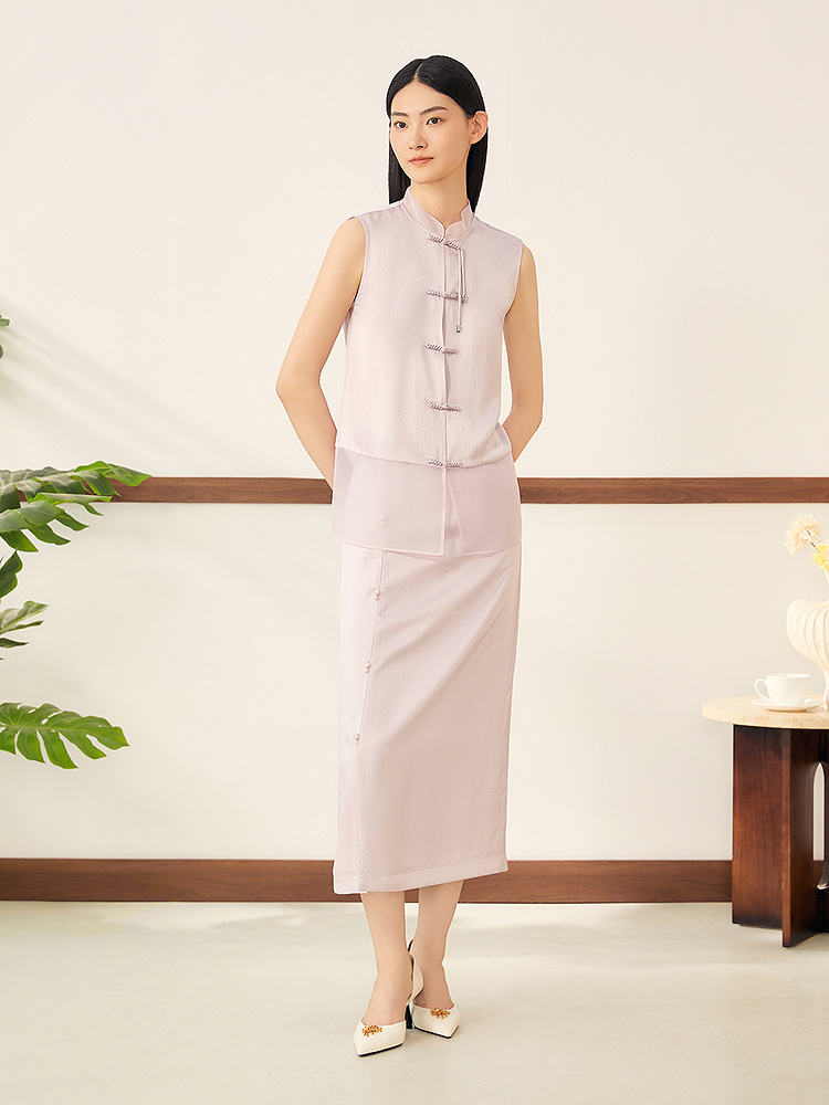 【真丝系列】YINER音儿2025夏季真丝珍珠缎立领气质上衣8C35201098