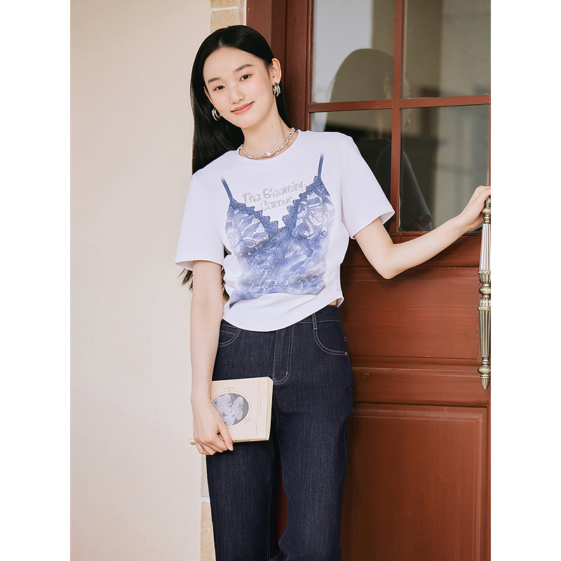 Goodland美地女装2025夏季纯棉印花短袖T恤正肩圆领LC35260610