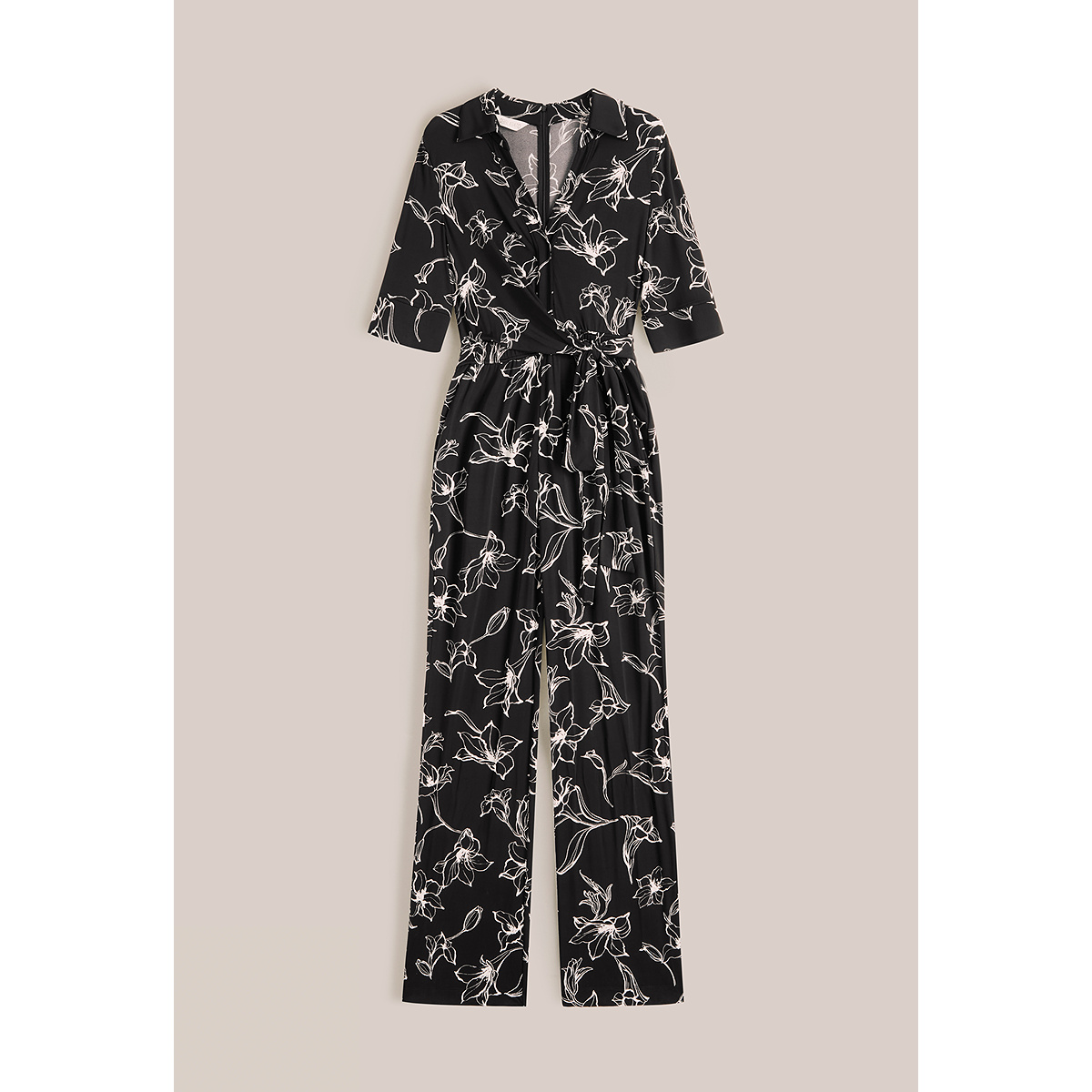 OBBLIGATO奥丽嘉朵2025夏季新品翻领设计感绑带收腰印花连体裤1C35202140