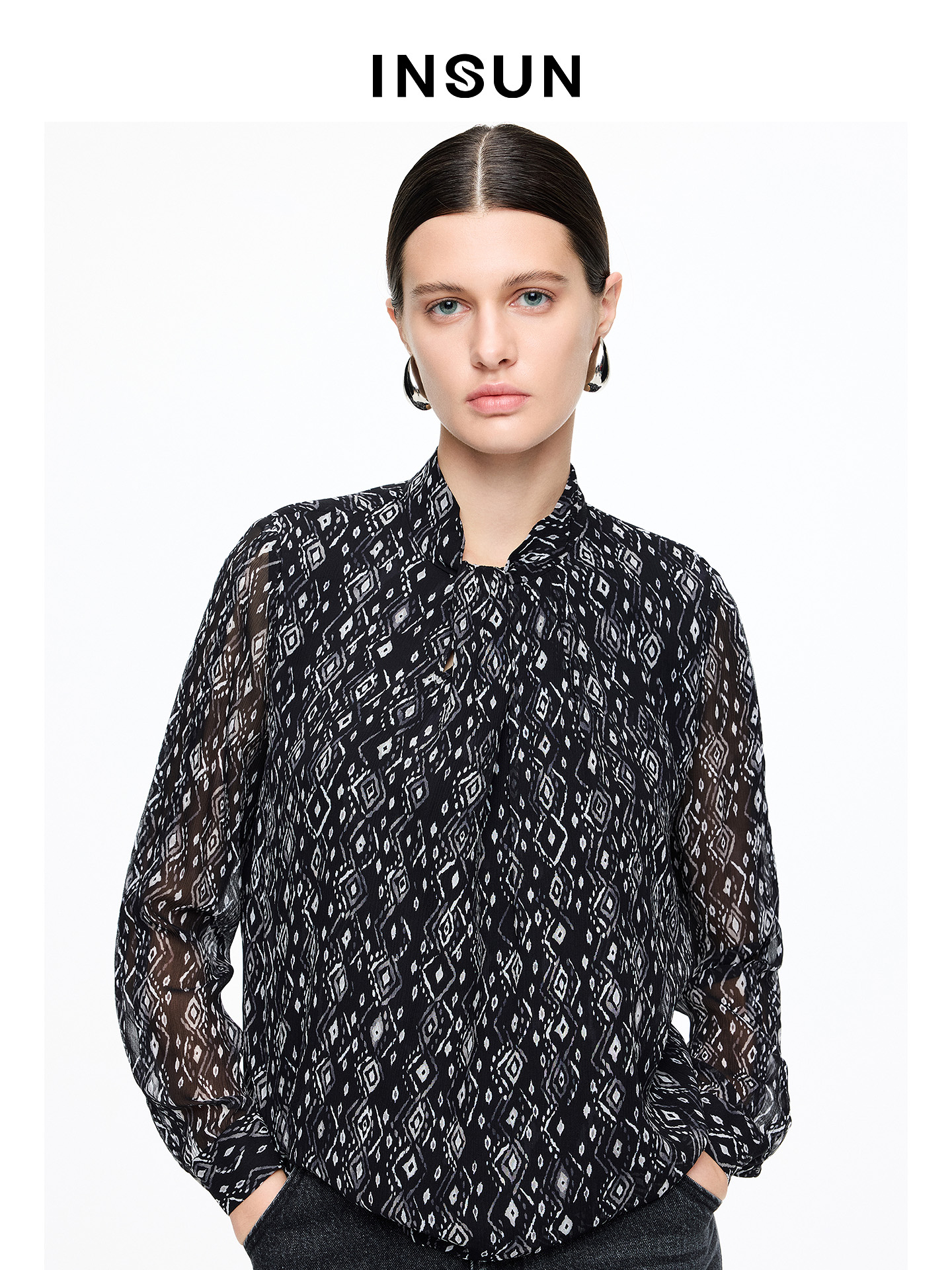 INSUN恩裳专选2026春季印花轻盈100%桑蚕丝长袖衬衫9C66170110