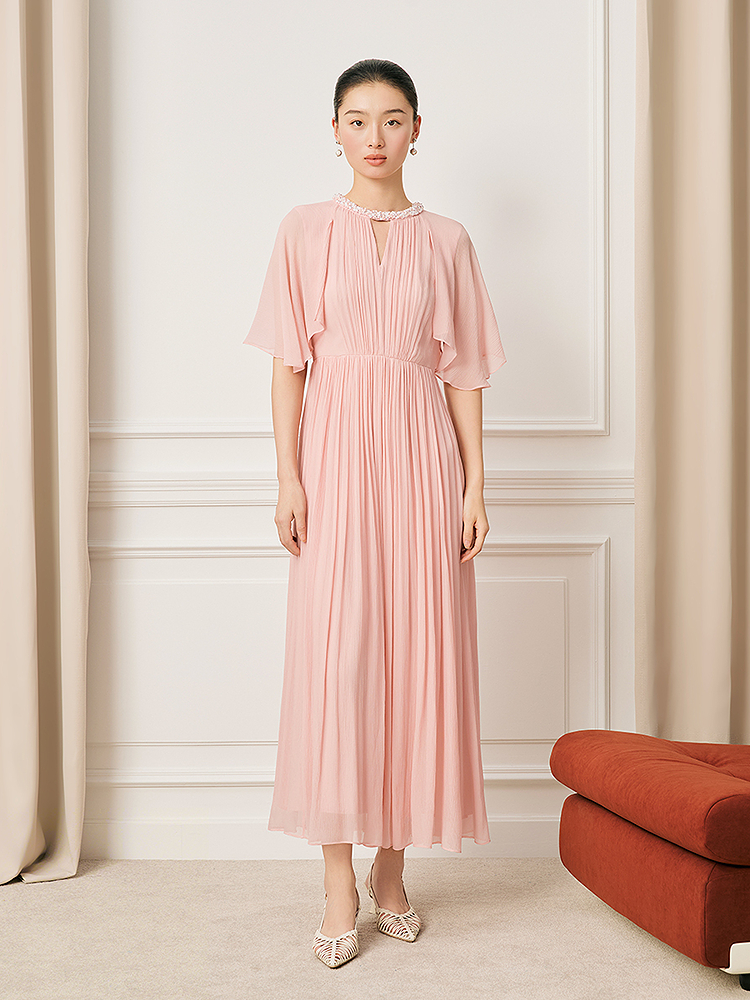 Song of Song歌中歌2026夏季新款预售柔雾淡粉·桑蚕丝百褶连衣裙5C36205290