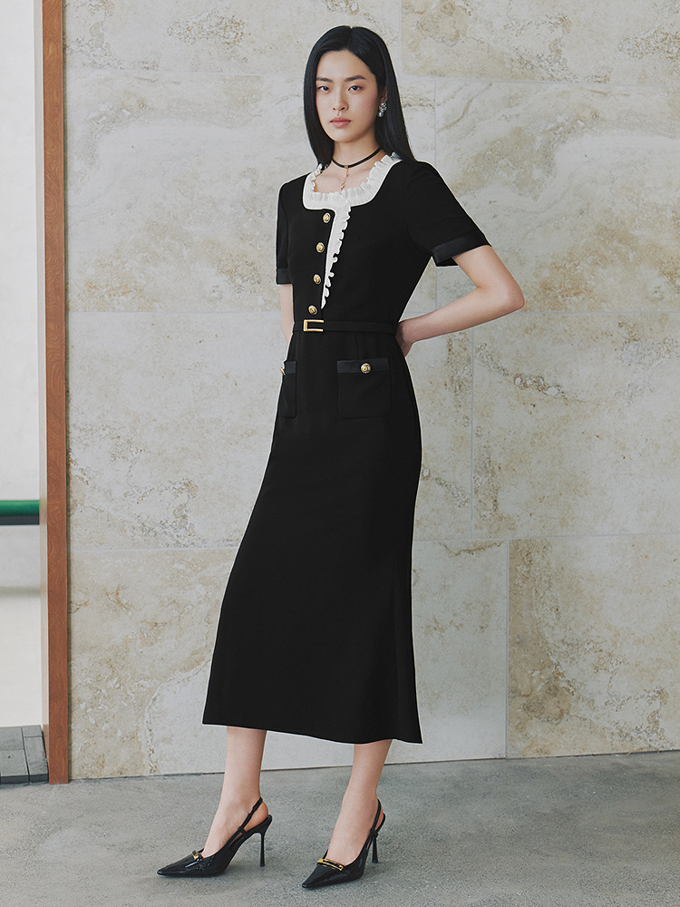OBBLIGATO奥丽嘉朵2026夏季新款三醋酸木耳边收腰系带通勤连衣裙1C66205330