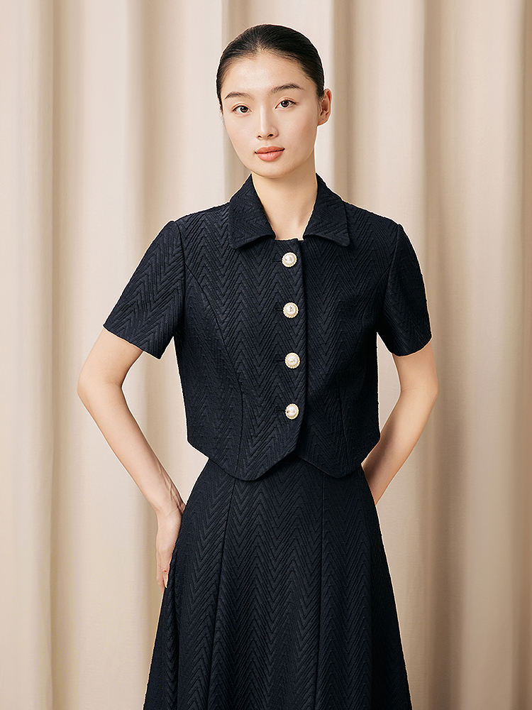 Song of Song歌中歌2026夏季新款藏蓝人字纹织·小翻领短外套5C66210016