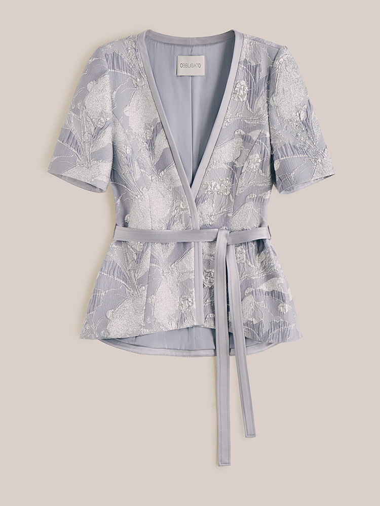 OBBLIGATO奥丽嘉朵2026夏季新款醋酸浮雕提花收腰系带短袖上衣1C36210100
