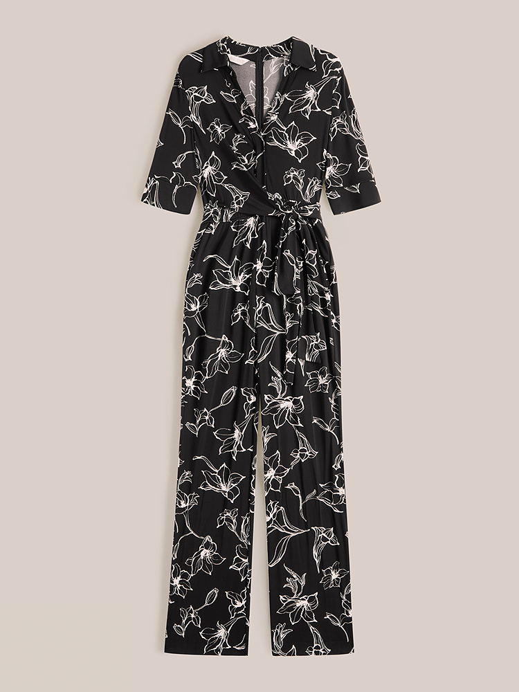 OBBLIGATO奥丽嘉朵2025夏季翻领设计感绑带收腰印花连体裤1C35202140