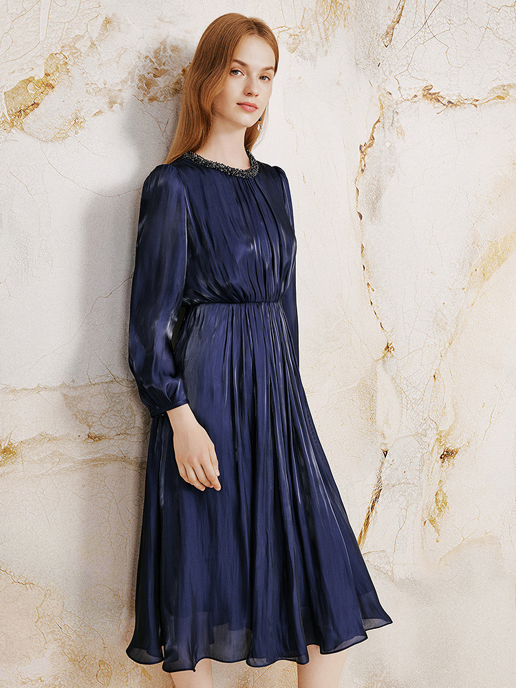 OBBLIGATO奥丽嘉朵2026秋季新款流光纱手工钉珠收腰长袖连衣裙1C36305600
