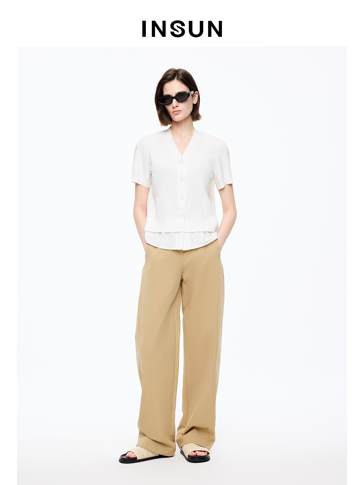 INSUN恩裳专选2026夏季V领假两件拼接100%棉短袖针织开衫9C66206080