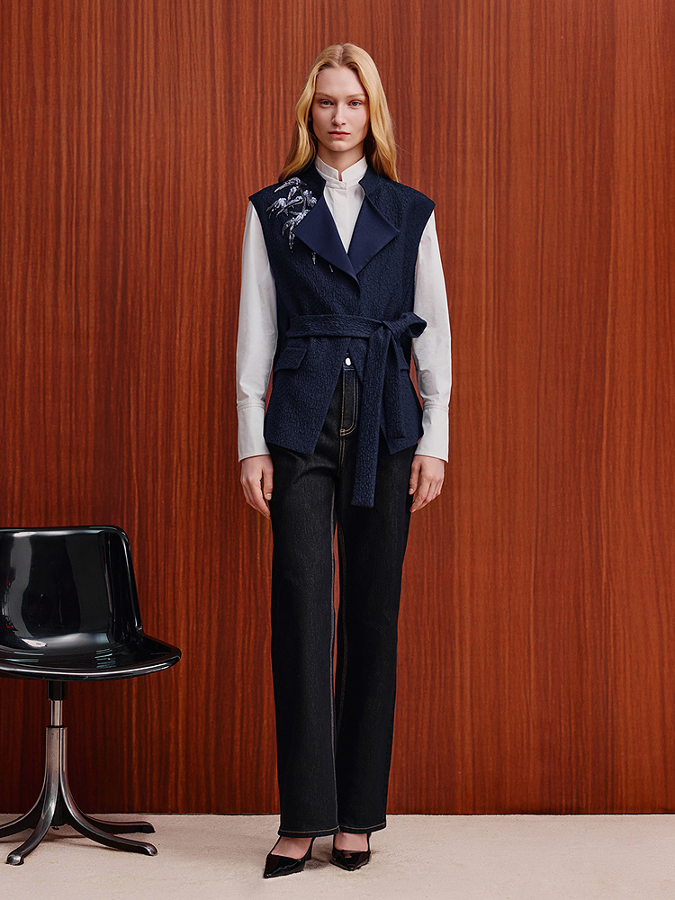 OBBLIGATO奥丽嘉朵2025秋冬竹韵珠片绣花新中式提花马甲外套1C35501030