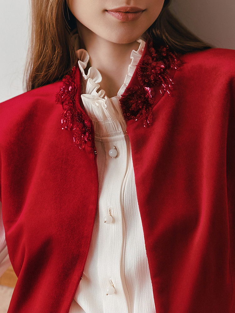 OBBLIGATO奥丽嘉朵2026春季新款三醋酸手工钉珠立领丝绒收腰马甲1C36101060