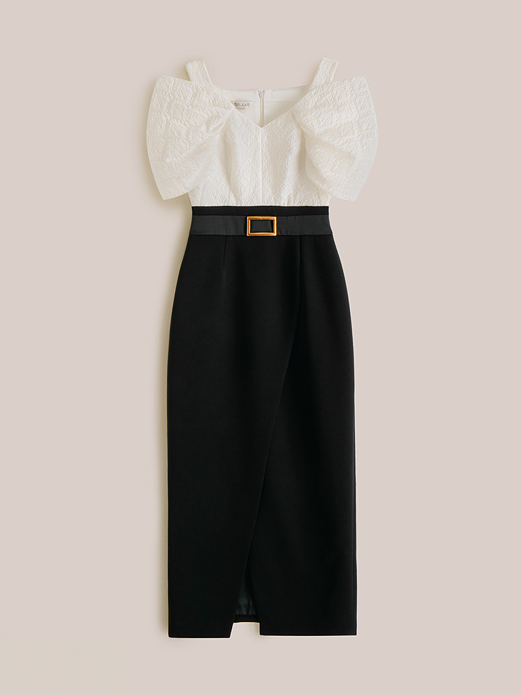 OBBLIGATO奥丽嘉朵2026夏季新款三醋酸拼接浮雕提花收腰连衣裙1C66205300