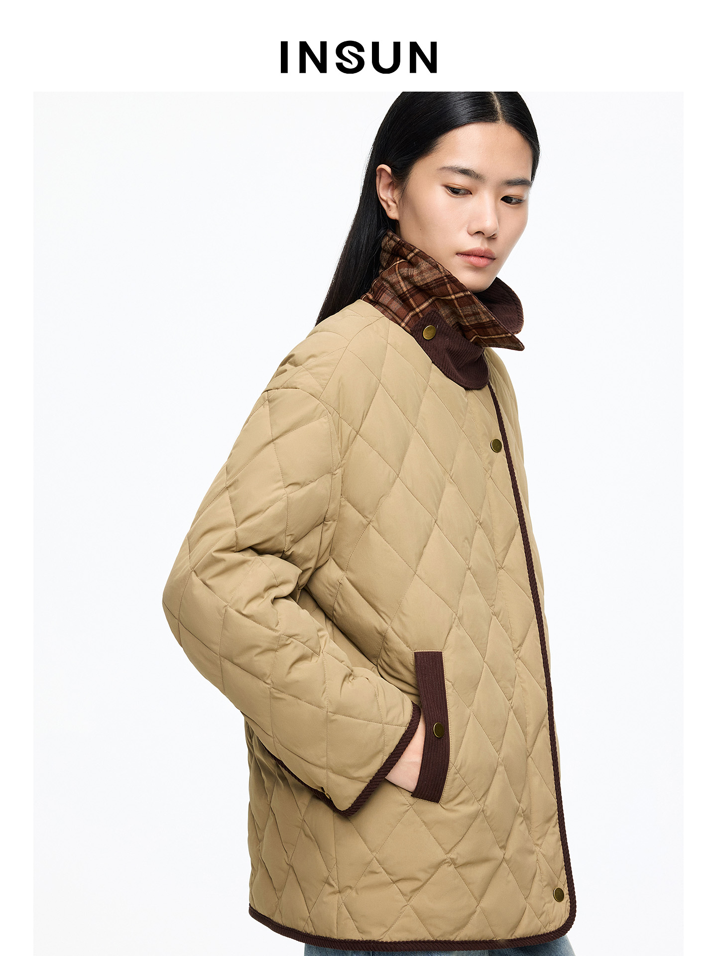 INSUN恩裳专选2026春季巴恩风菱形格宽松轻薄羽绒服9C66108520