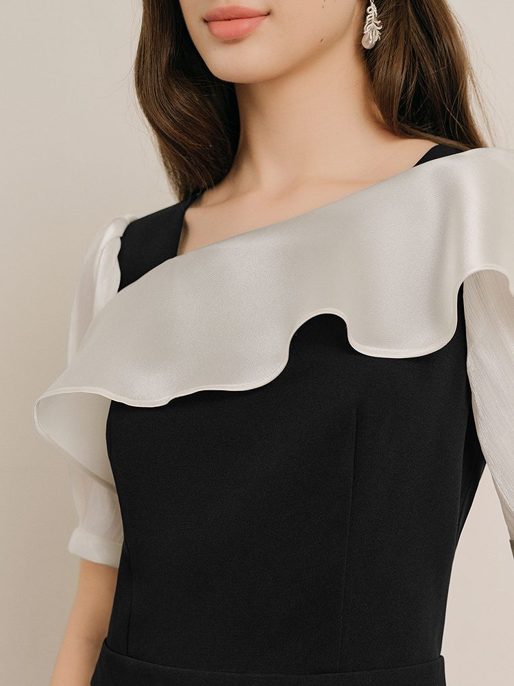 OBBLIGATO奥丽嘉朵专选2025夏季新品撞色荷叶领一字肩高腰连体裤1C65302070