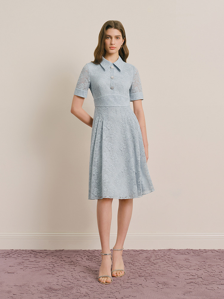 OBBLIGATO奥丽嘉朵专选2025夏季新品衬衫领蕾丝花卉压褶连衣裙1C65205270