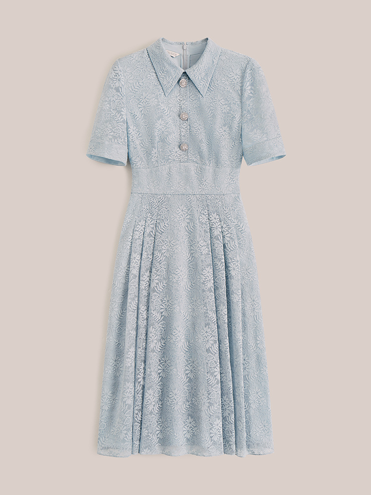 OBBLIGATO奥丽嘉朵专选2025夏季新品衬衫领蕾丝花卉压褶连衣裙1C65205270