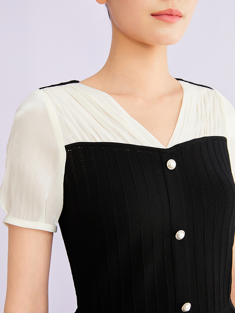 YINER音儿专选2026夏季新款时尚优雅撞色赫本风V领针梭拼针织衫8C66206206