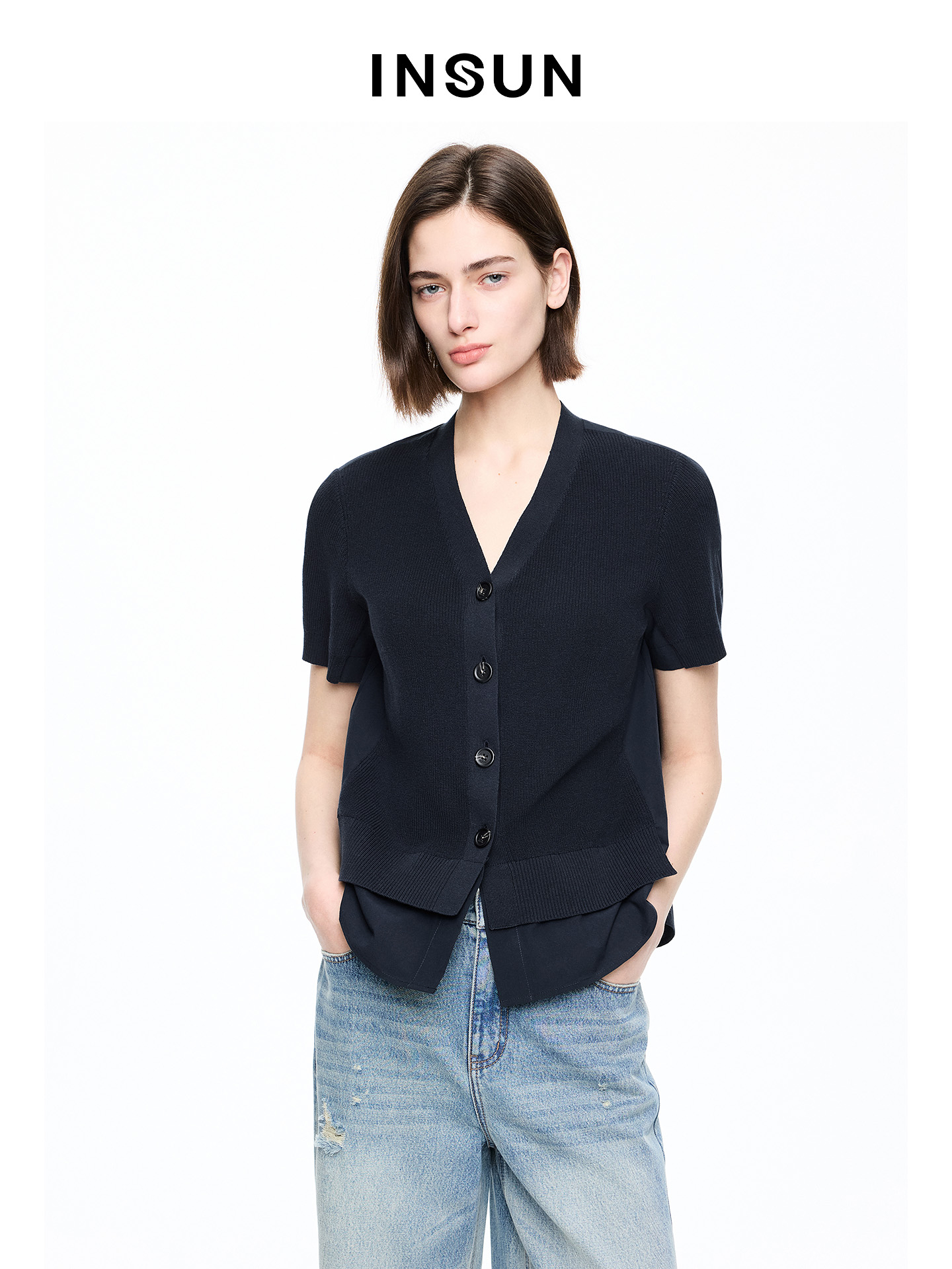 INSUN恩裳专选2026夏季V领假两件拼接100%棉短袖针织开衫9C66206080