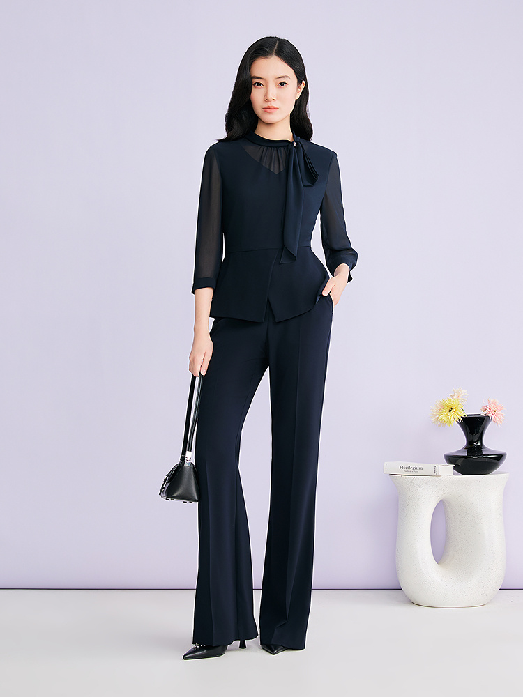 YINER音儿专选2026夏季新款优雅通勤系带圆领醋酸混纺衬衫上衣8C66270006