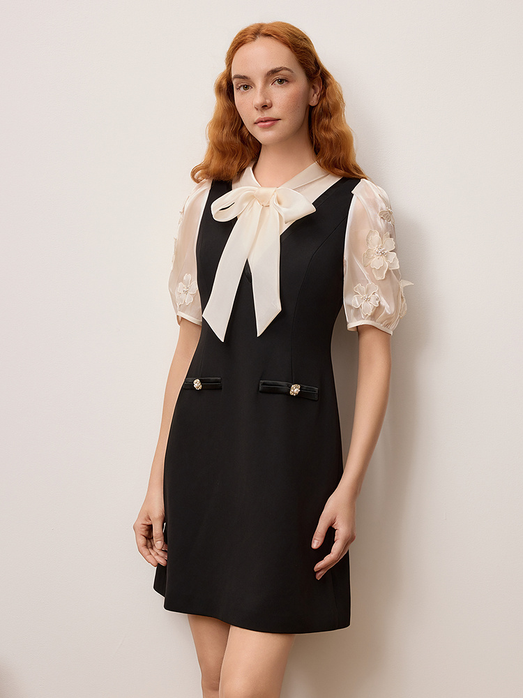 OBBLIGATO奥丽嘉朵专选2025夏季新品蝴蝶结系带领立体花卉连衣裙1C65205780