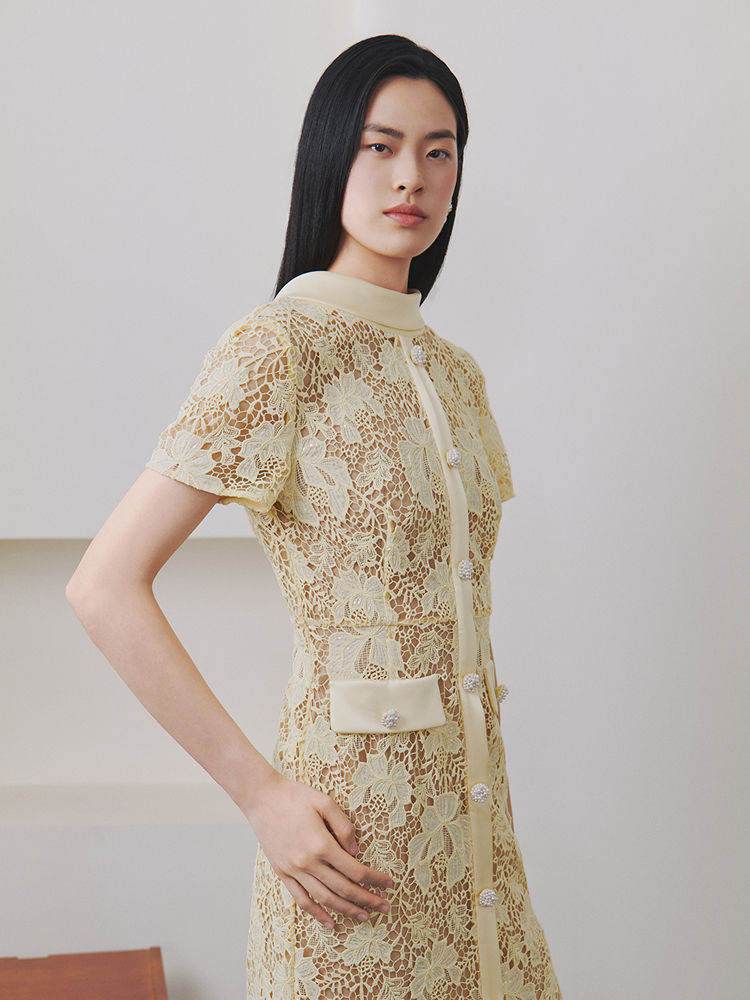 OBBLIGATO奥丽嘉朵2026夏季新款立体水溶蕾丝收腰显瘦场合连衣裙1C66205380