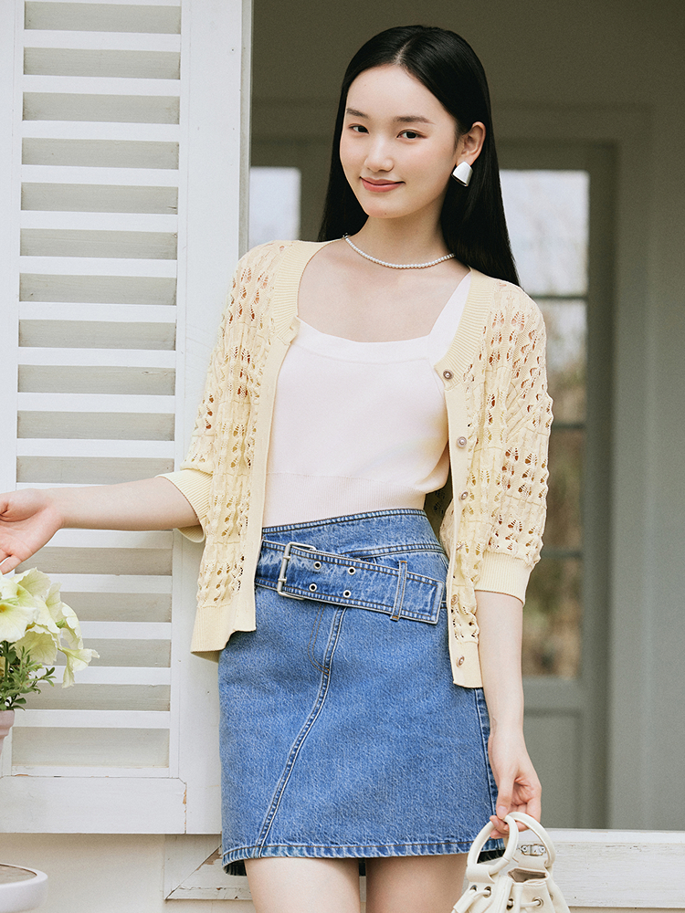 Goodland美地女装2025夏季清新法式镂空短袖针织开衫小外套LC35206210