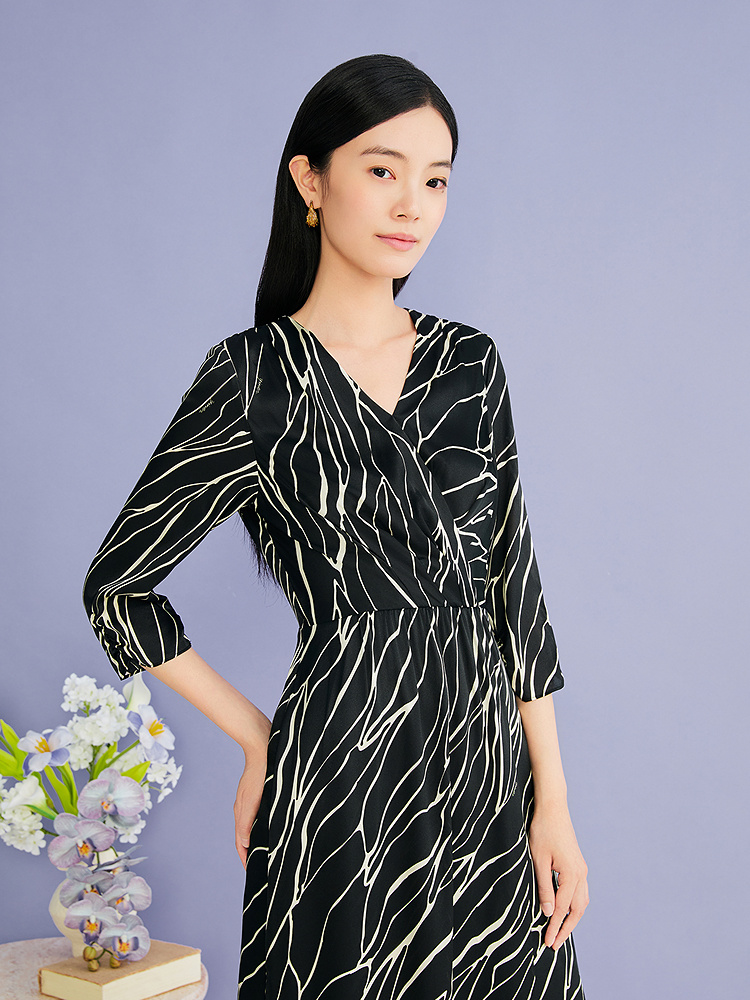 YINER音儿专选2026夏季新款时尚V领撞色印花桑蚕丝混纺收腰连衣裙8C66205606