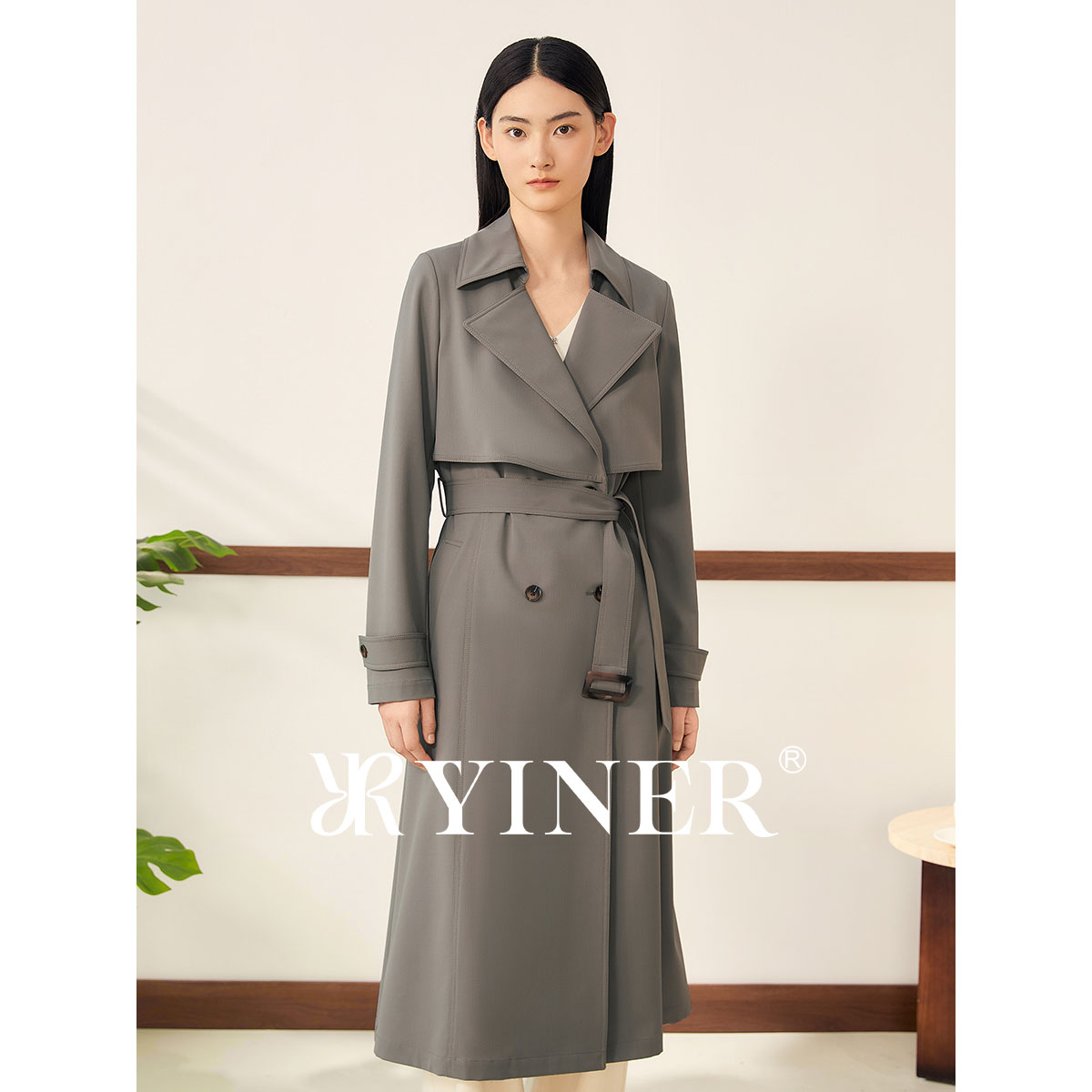 【刘涛同款】YINER音儿2025秋季可机洗羊毛混纺长款风衣外套8C35307100