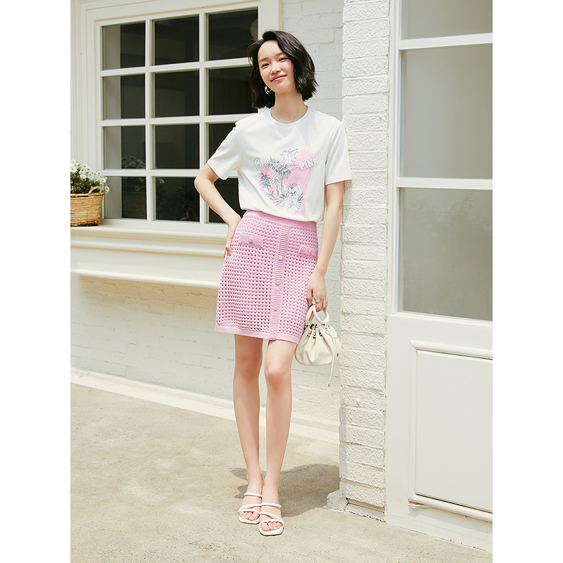 Goodland美地女装2025夏季海岛刺绣印花圆领短袖T恤上衣LC35260040