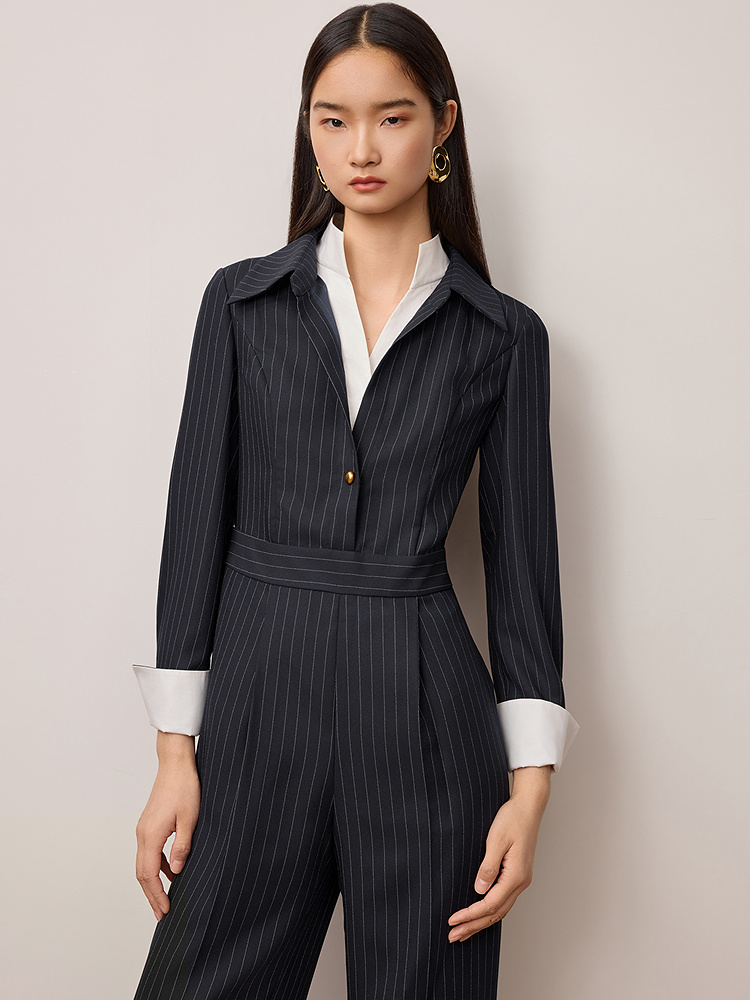 OBBLIGATO奥丽嘉朵2025秋季藏蓝条纹撞色高级商务连体裤1C35302030