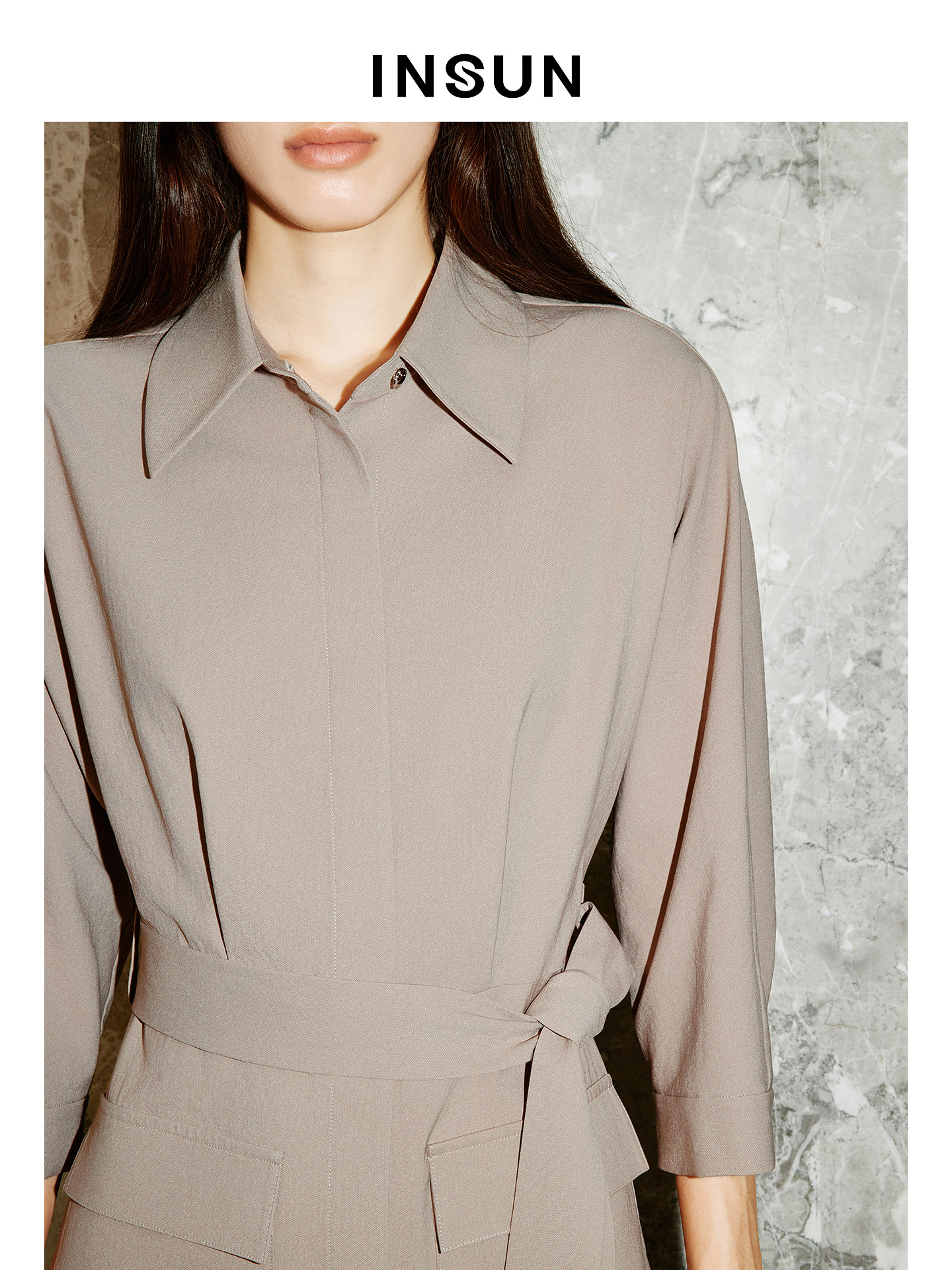 INSUN恩裳专选2026春季斜纹衬衫式廓形醋酸长款连衣裙9C66105010