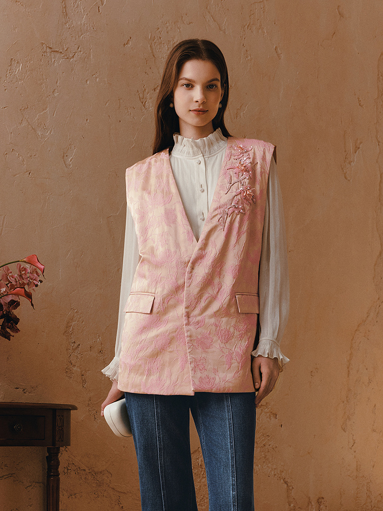 OBBLIGATO奥丽嘉朵2026春新款进口提花立体刺绣手工钉珠马甲棉袄1C36101530