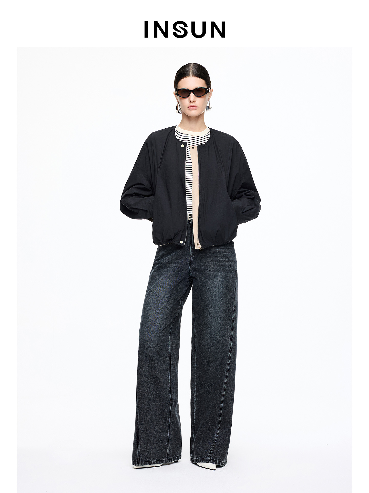 INSUN恩裳专选2026春季圆领复古风松弛感棉质双面穿短外套9C66110340