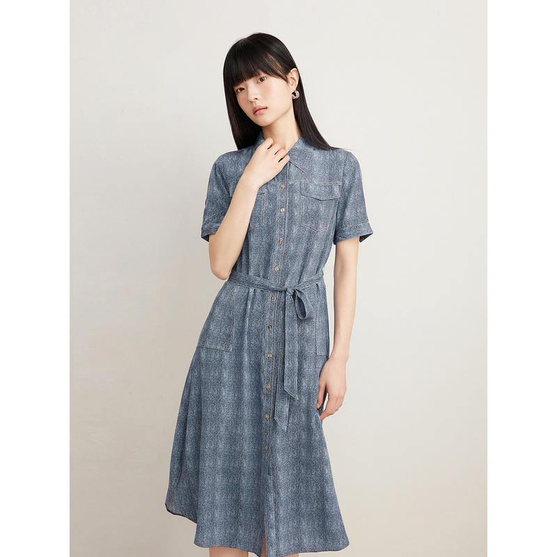 [真丝系列]Goodland美地女装2024夏季桑蚕丝牛仔色衬衫连衣裙LC64205020