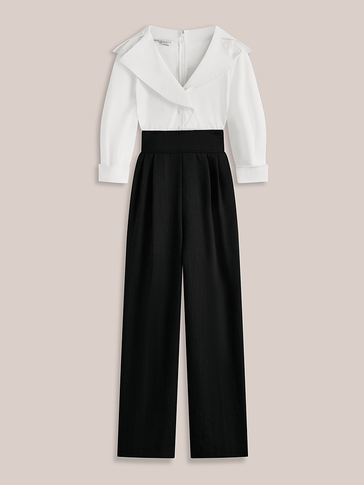 OBBLIGATO奥丽嘉朵2026春新款高支高密棉翻领拼接撞色阔腿连体裤1C36102030