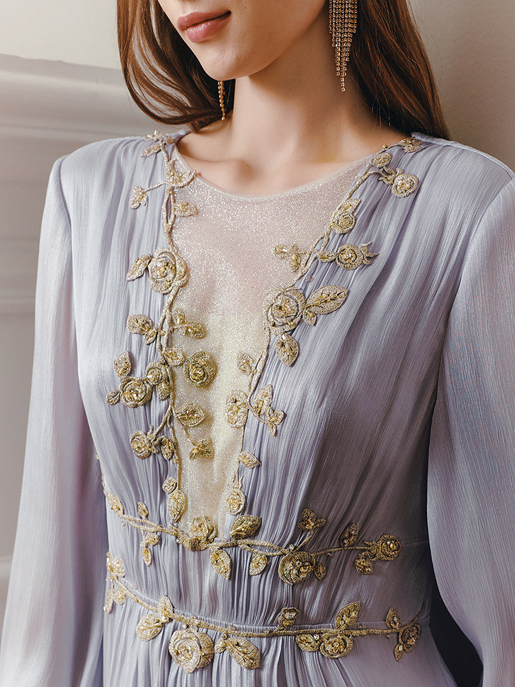 OBBLIGATO奥丽嘉朵2026夏季新款烟灰紫法式立体绣花连衣裙1C36205410