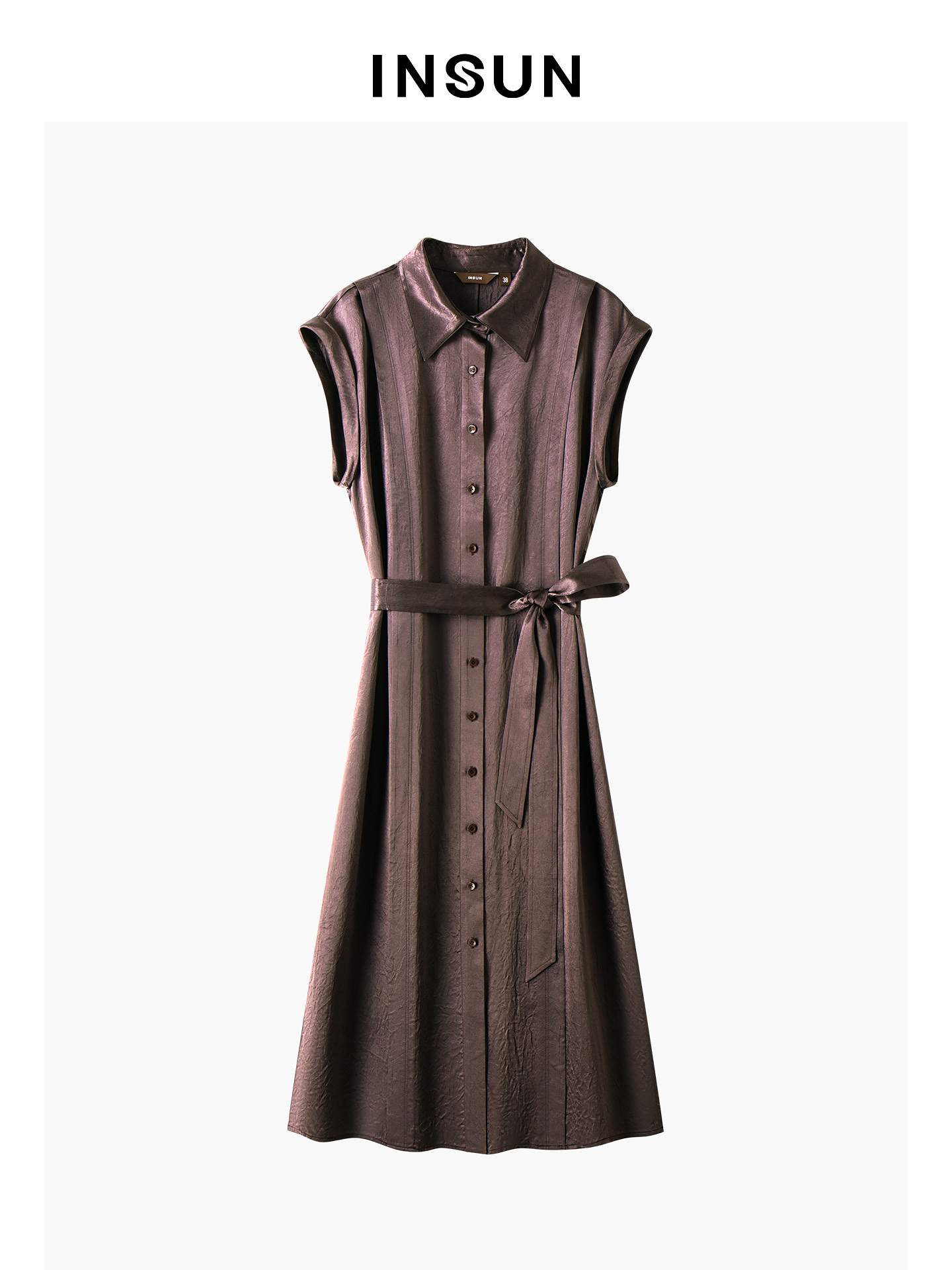 INSUN恩裳专选2026夏季衬衫领修身显瘦无袖醋酸连衣裙9C66205030