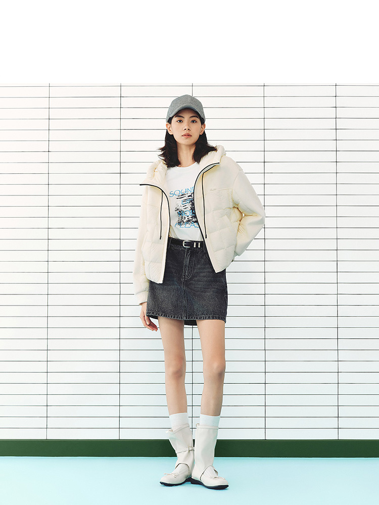 ToyzY2026冬季新款柔软针织卫衣面料肩袖连帽假两件拼接连帽羽绒服ZC36508390