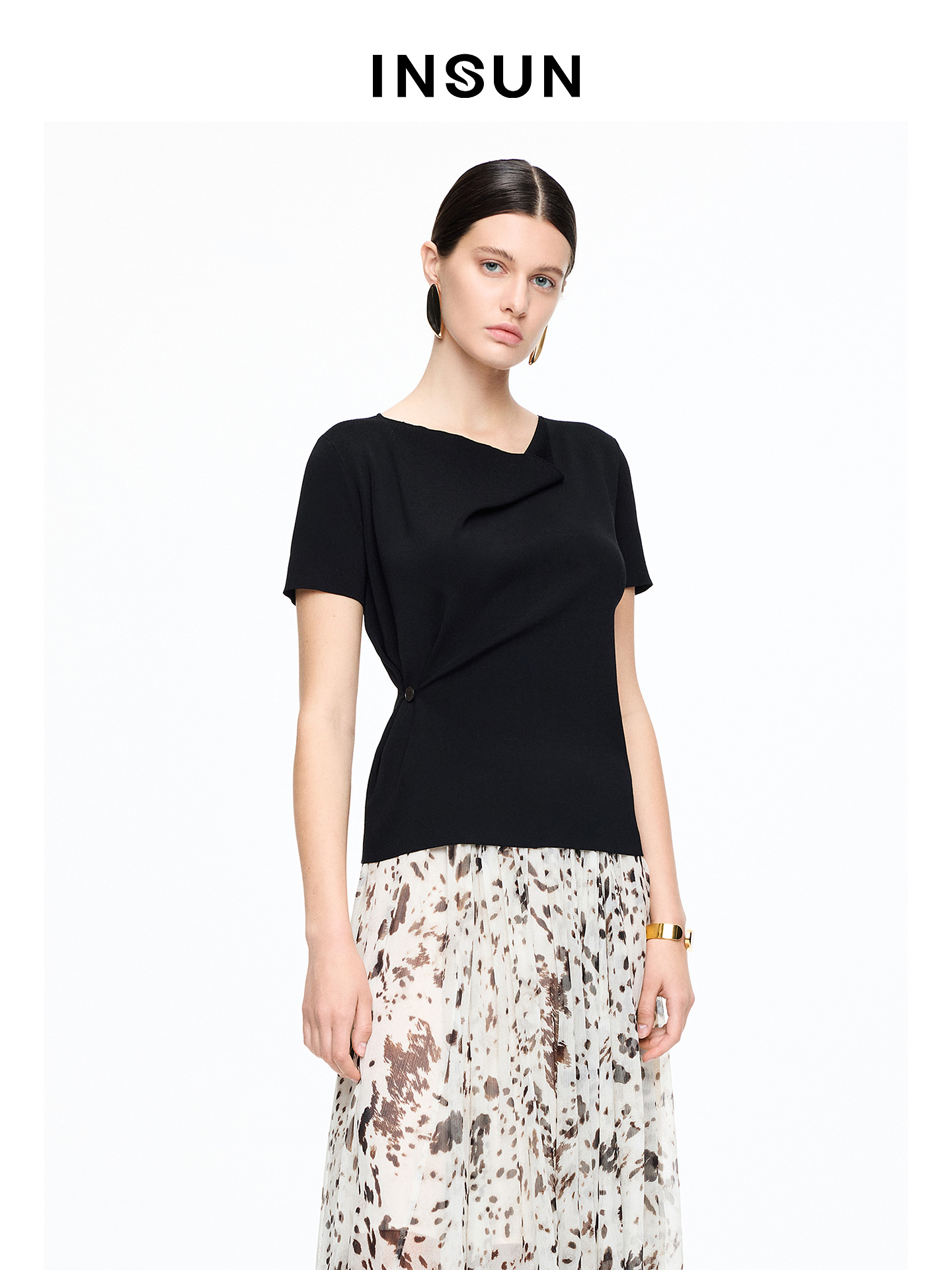 INSUN恩裳专选2026夏季荡领修身显瘦高弹短袖毛针织衫9C66206060