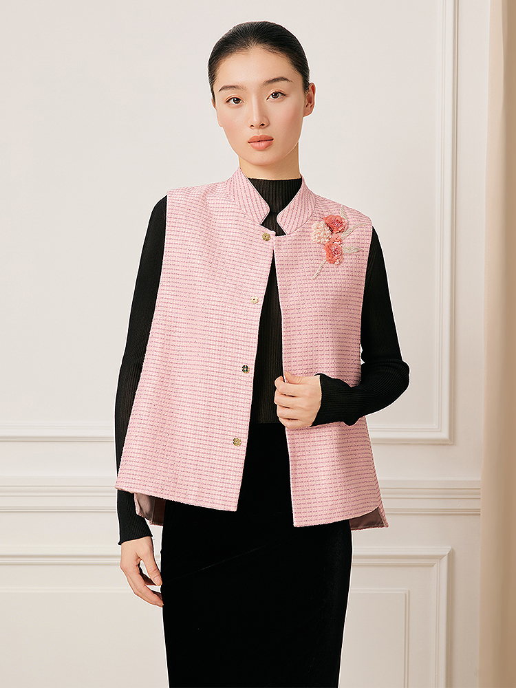 【粉织银葱】Song of Song歌中歌2026春季新款花纱珠绣立领马甲5C36101090