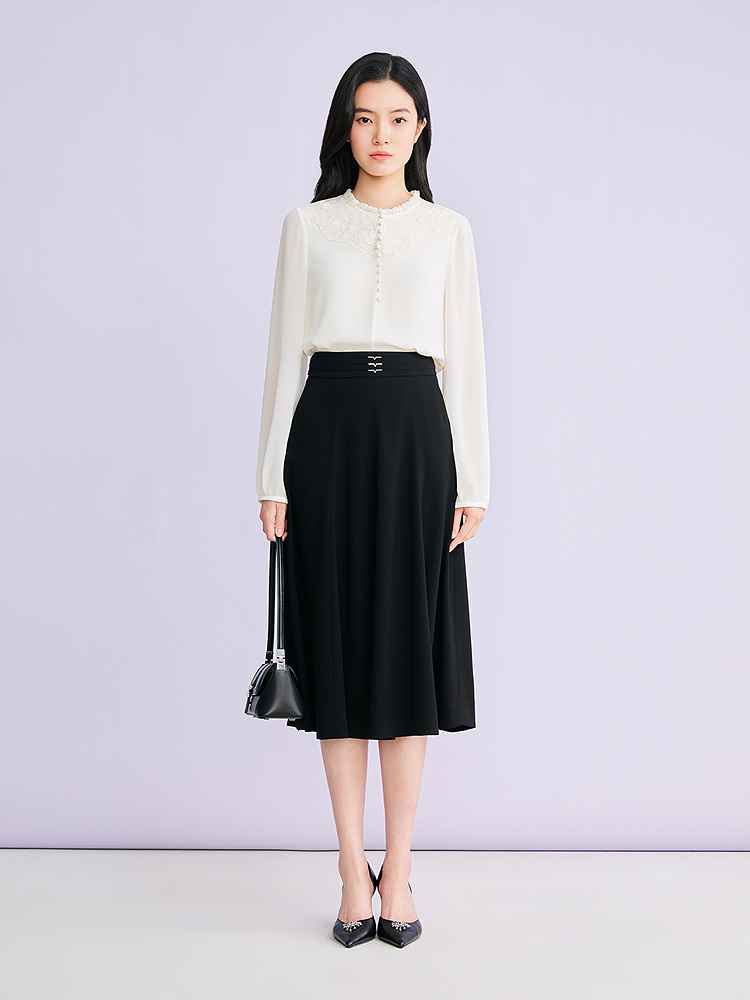 YINER音儿专选2026春季新款时尚通勤OL优雅拼接花边立领衬衫上衣8C66170016