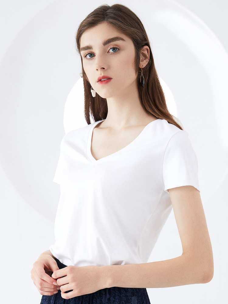 （已下架转渠道销售，勿拍）2019夏季v领短袖弹力修身短款时尚简约休闲纯棉T恤女