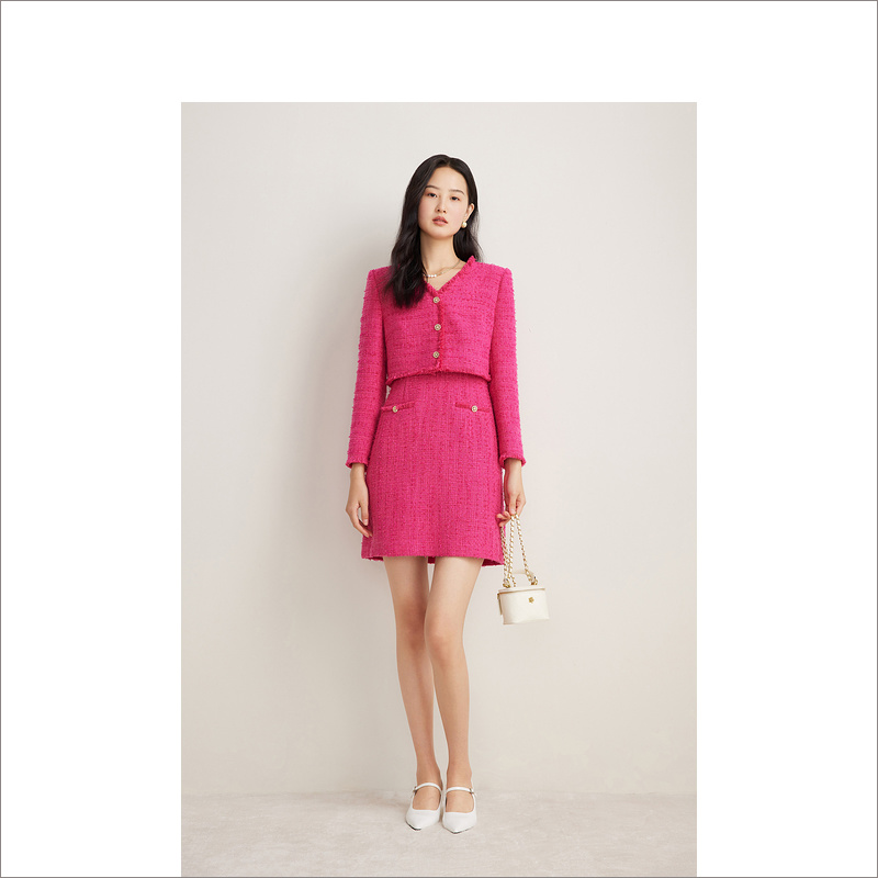 Goodland美地女装2024春季小香粗花呢假两件连衣裙LC34105030