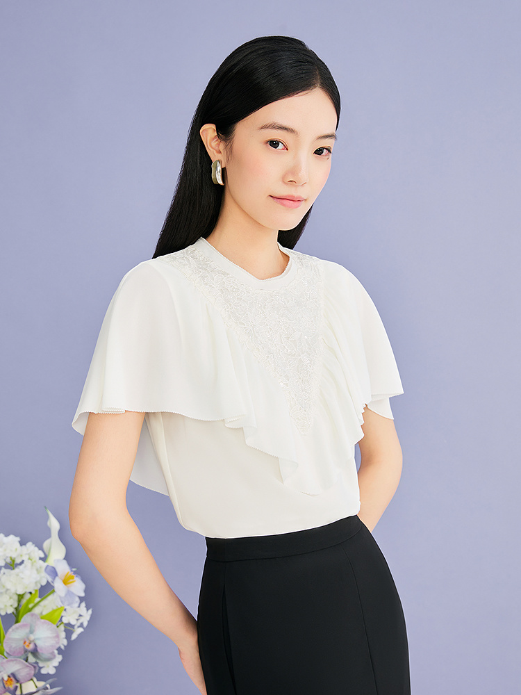 YINER音儿专选2026夏季新款优雅宫廷风钉珠拼接蕾丝斗篷飞袖上衣8C66270026