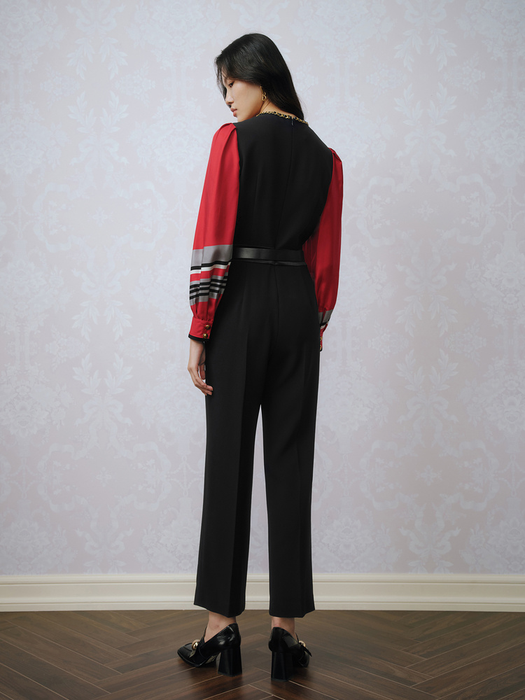 OBBLIGATO奥丽嘉朵2023春季金标红色解构设计鸢尾花印花三醋酸连体服1C33120560