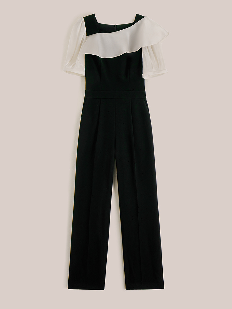 OBBLIGATO奥丽嘉朵专选2025夏季新品撞色荷叶领一字肩高腰连体裤1C65302070