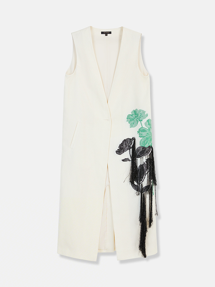 YINER音儿2026夏季新款优雅知性V领重工提花流苏装饰斜纹肌理马甲8C36201280