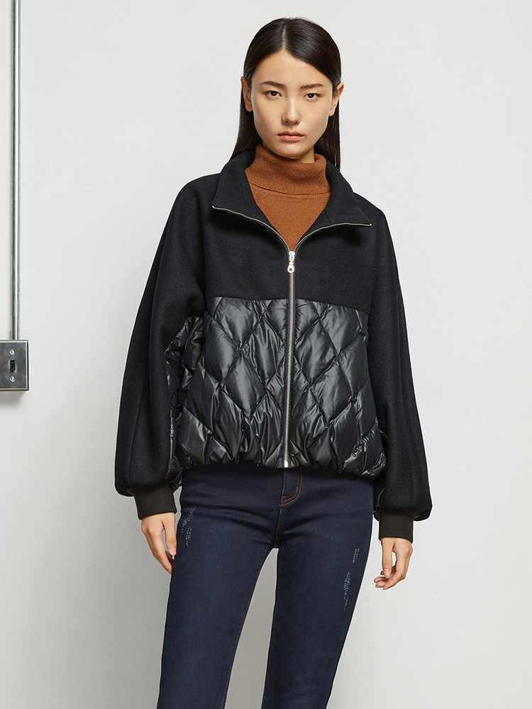 INSUN恩裳2021冬季时尚小蝙蝠袖呢料拼接白鹅绒短款羽绒服女9C61508350