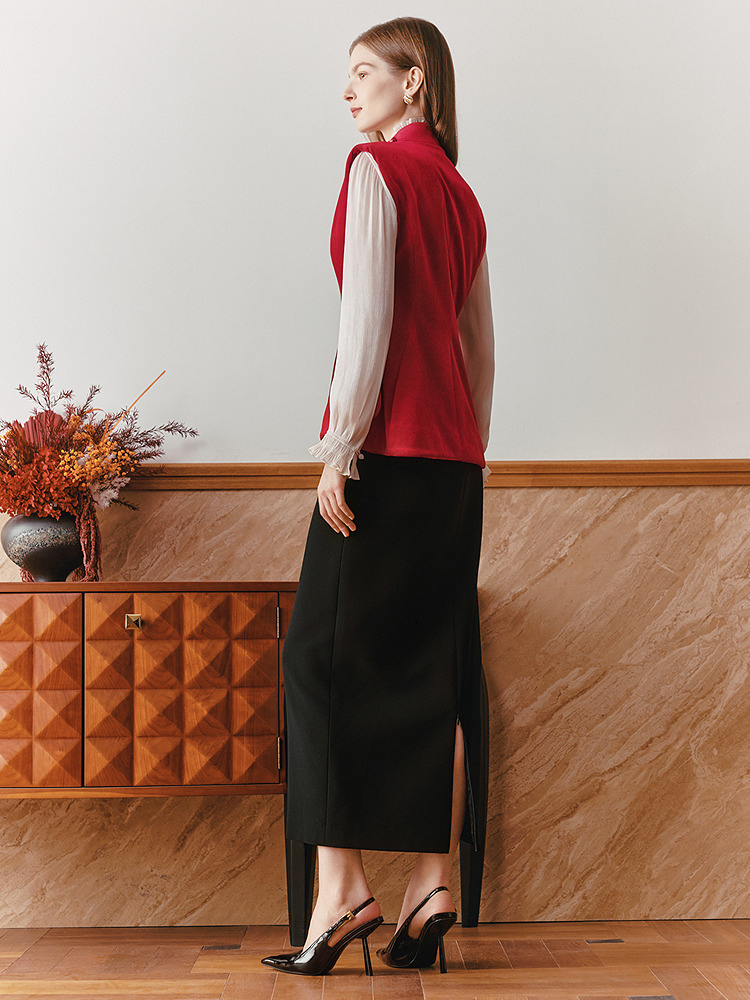 OBBLIGATO奥丽嘉朵2026春季新款三醋酸手工钉珠立领丝绒收腰马甲1C36101060