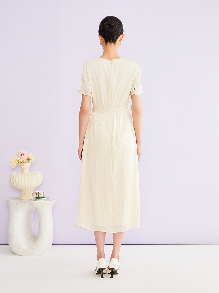 YINER音儿专选2026夏季新款优雅钉珠圆领海岛丝高腰收褶连衣裙8C66205296