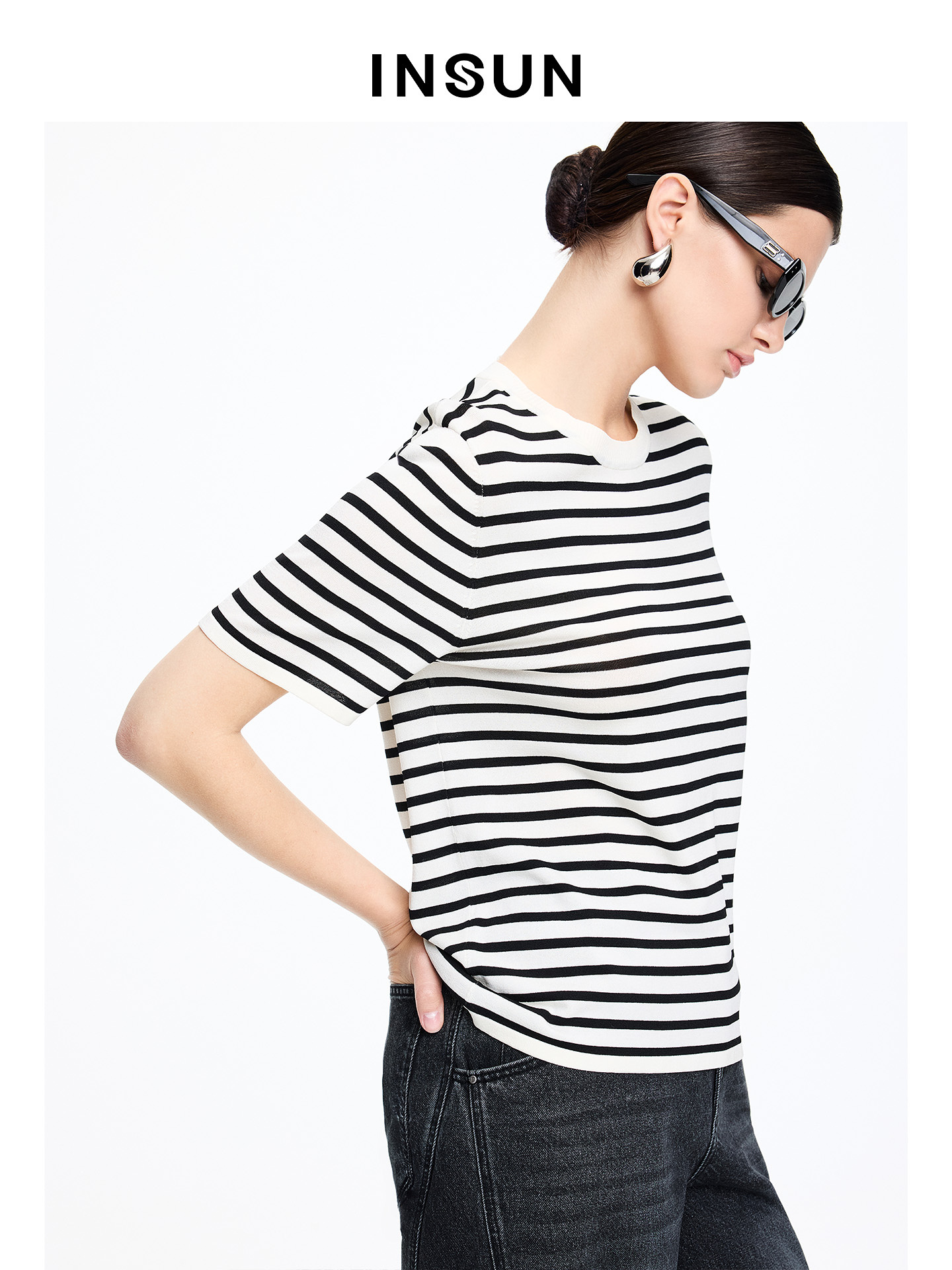 INSUN恩裳专选2026夏季落肩袖型百搭条纹短袖T恤9C66206040