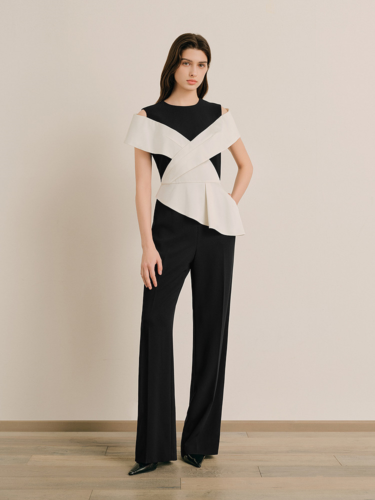 OBBLIGATO奥丽嘉朵专选2025夏季新品黑色圆领撞色拼接荷叶边连体服1C65202060